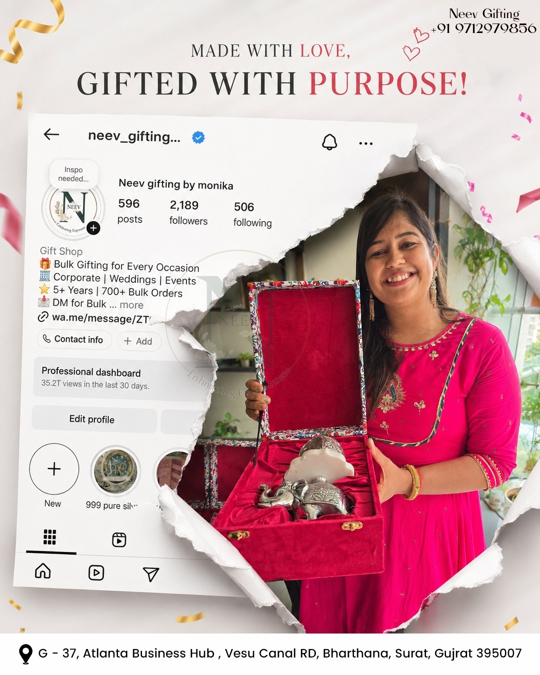 Monika, founder of Neev Gifting, with a curated 999 silver gift box